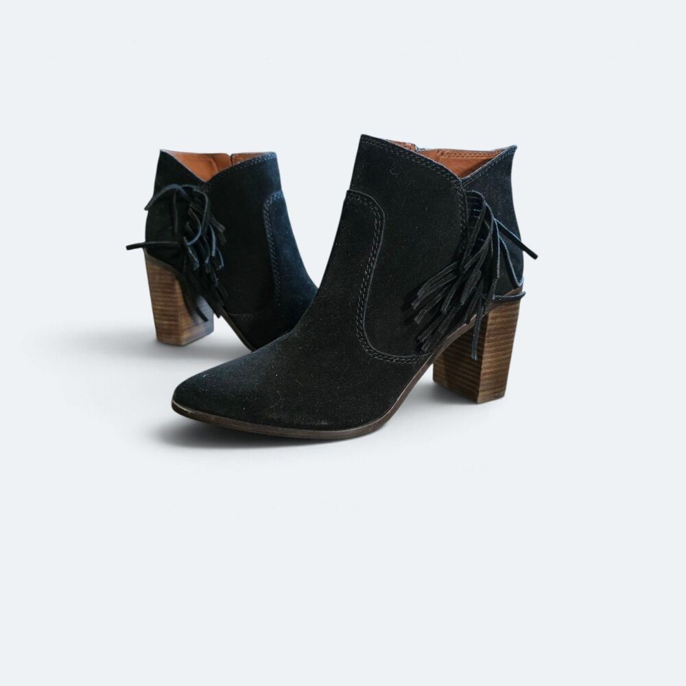 Lucky Brand Mercerr Black Suede Fringe Ankle Booties Size 7 M / 37